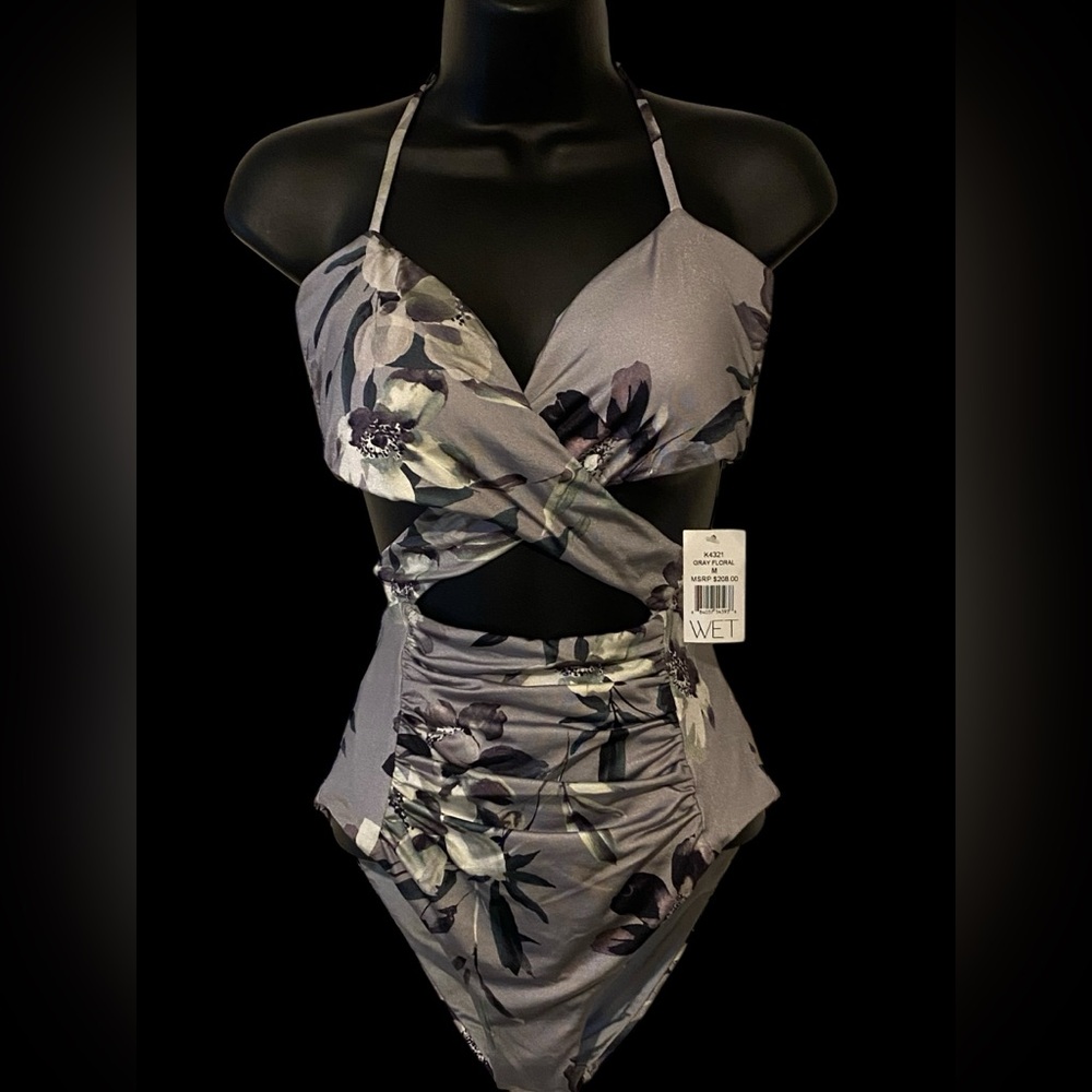 NEW One Piece Swimsuit with Cutouts WET Grey Floral Halter Swimwear NWT size M